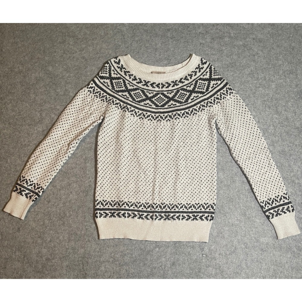 Loft Outlet Womens XS Fair Isle Sweater Cream Black Metallic Knit Pullover